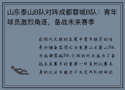 山东泰山B队对阵成都蓉城B队:青年球员激烈角逐,备战未来赛季 山东泰山B队对阵成都蓉城B队:青年球员激烈角逐,备战未来赛季