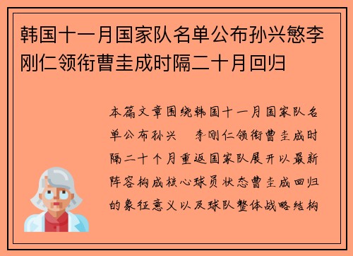 韩国十一月国家队名单公布孙兴慜李刚仁领衔曹圭成时隔二十月回归 韩国十一月国家队名单公布孙兴慜李刚仁领衔曹圭成时隔二十月回归